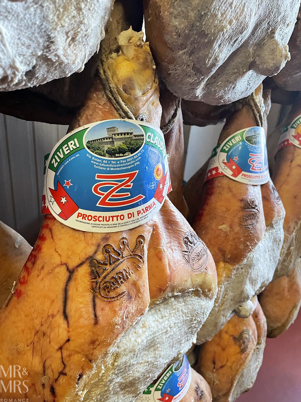 Official markings on a prosciutto di Parma ham. Tour of parmegiano reggiano parmesan cheese and prosciutto di Parma in Parma Italy