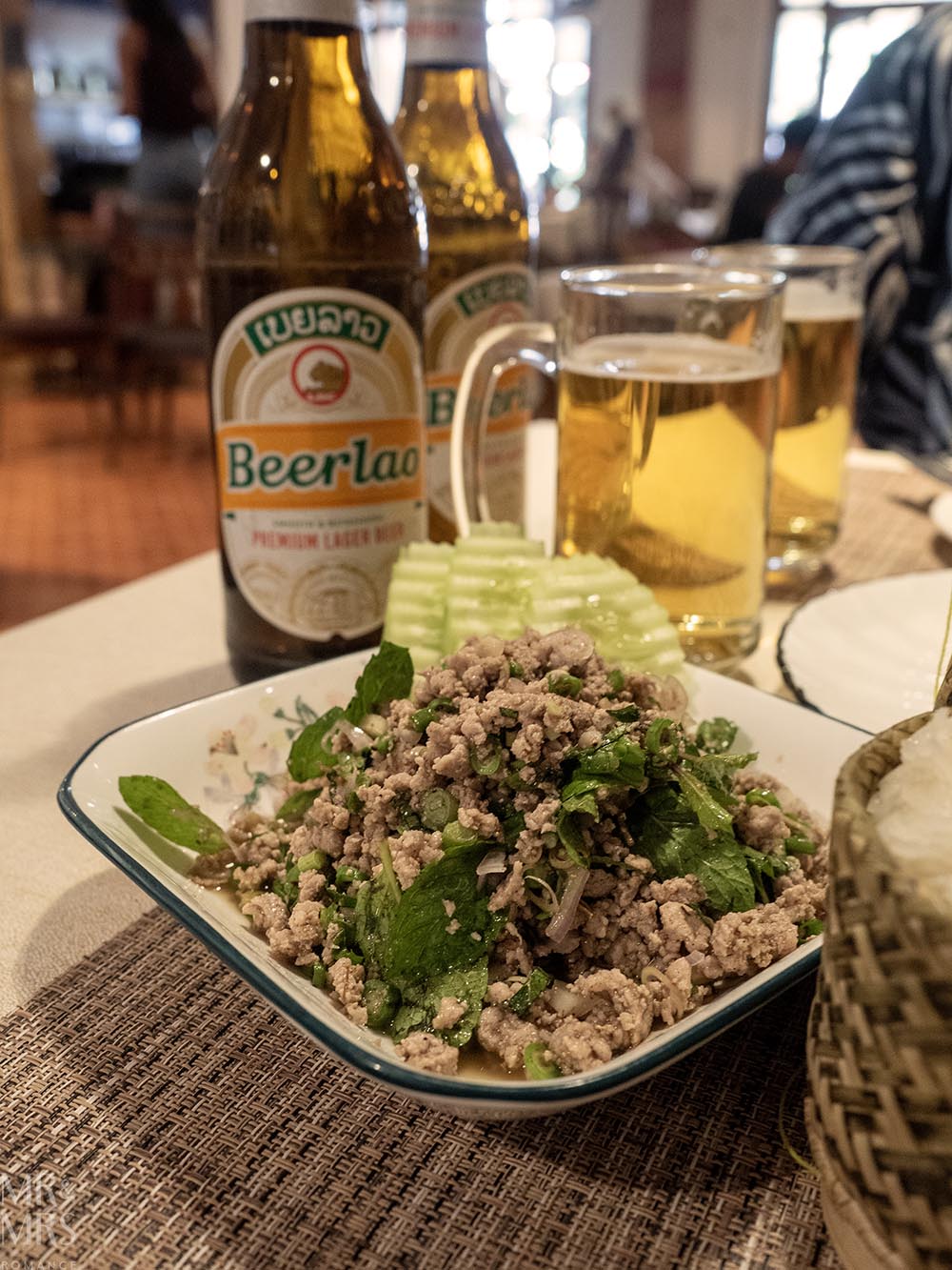 Things to eat in Laos - duck laab (and a lovely glass of BeerLao)