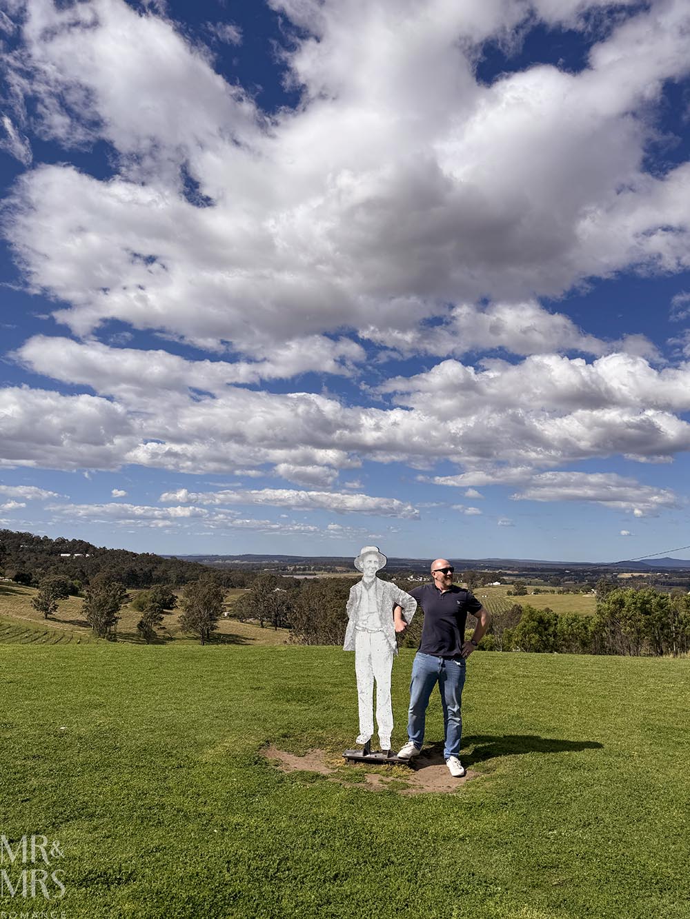 Romantic Picnic at Audrey Wilkinson in the Hunter Valley - Jim with cut-out of Audrey Wilkinson on the grounds