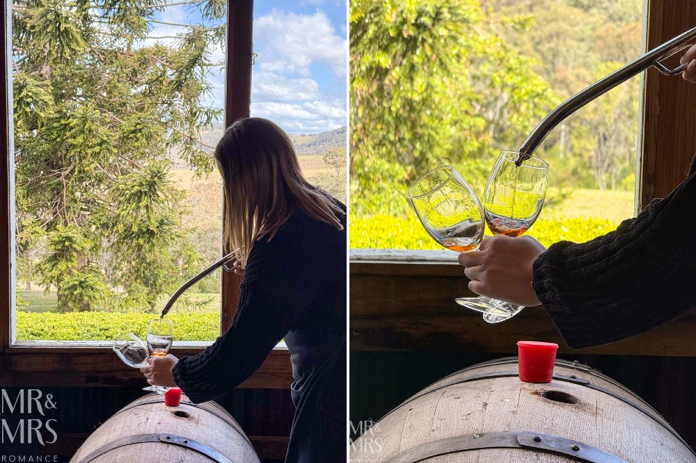 Romantic Picnic at Audrey Wilkinson in the Hunter Valley - collage of wine being taken from the barrel