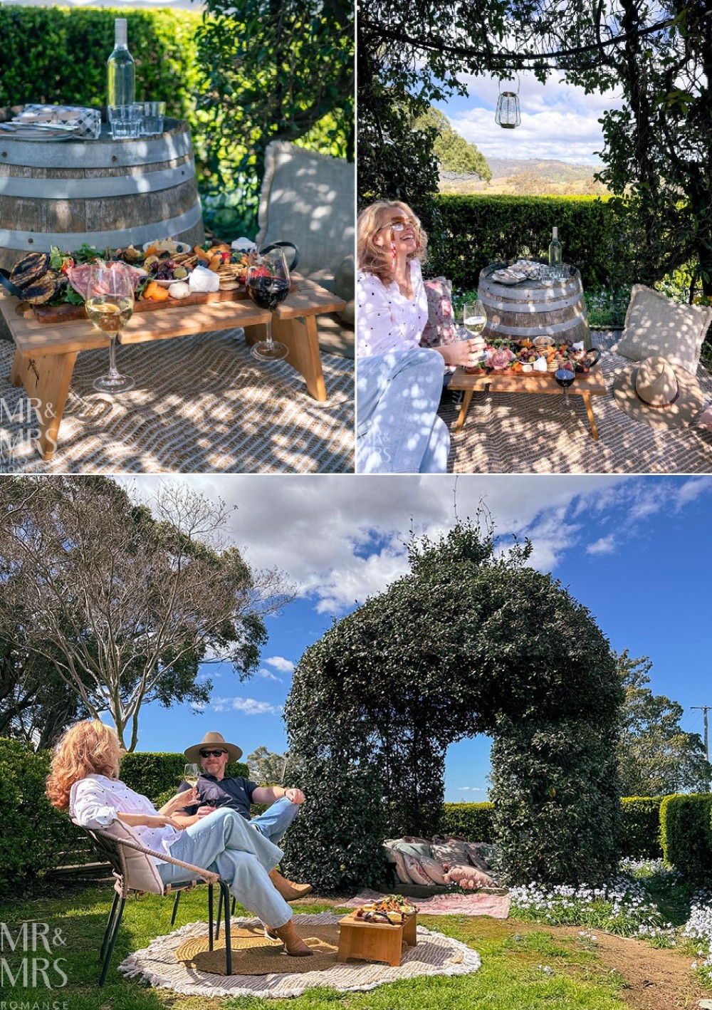 Collage of romantic picnic at Audrey Wilkinson winery in the Hunter Valley