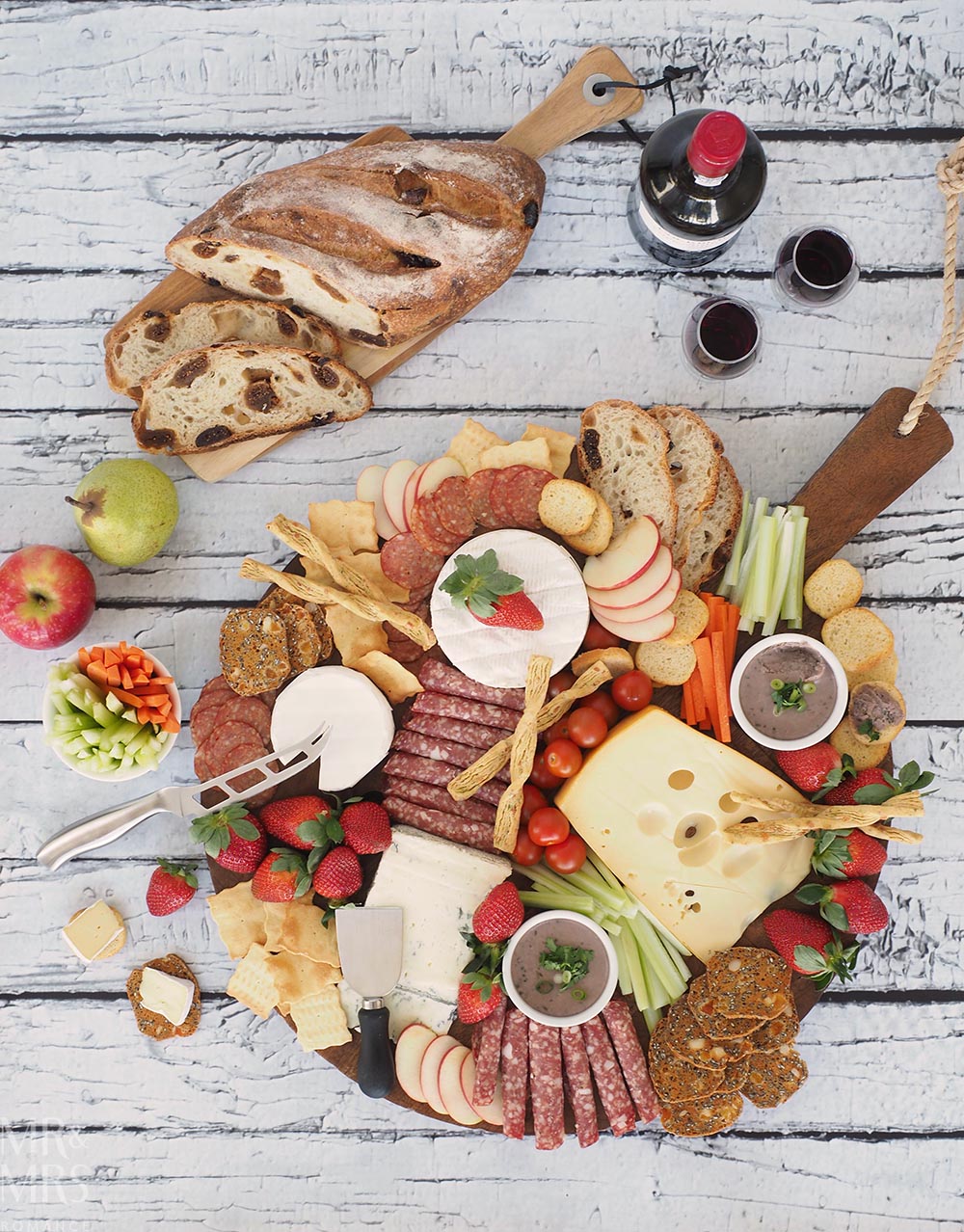 Port and Gorgonzola pate recipe - big cheese platter photographed overhead