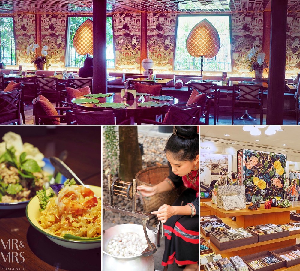 Unexpected things to do in Bangkok, Thailand - collage of the restaurant, its food, a silk-spinning demonstration and the shop at the Jim Thompson House Museum