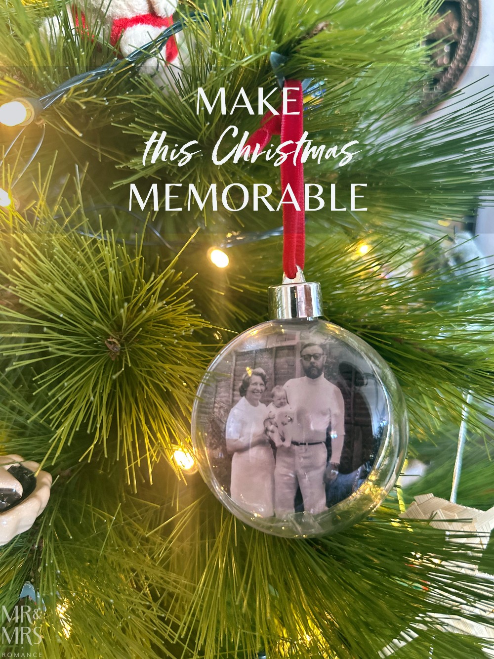 How to make Christmas memorable - title pic with black and white photo of Jim and his grandparents in a bauble