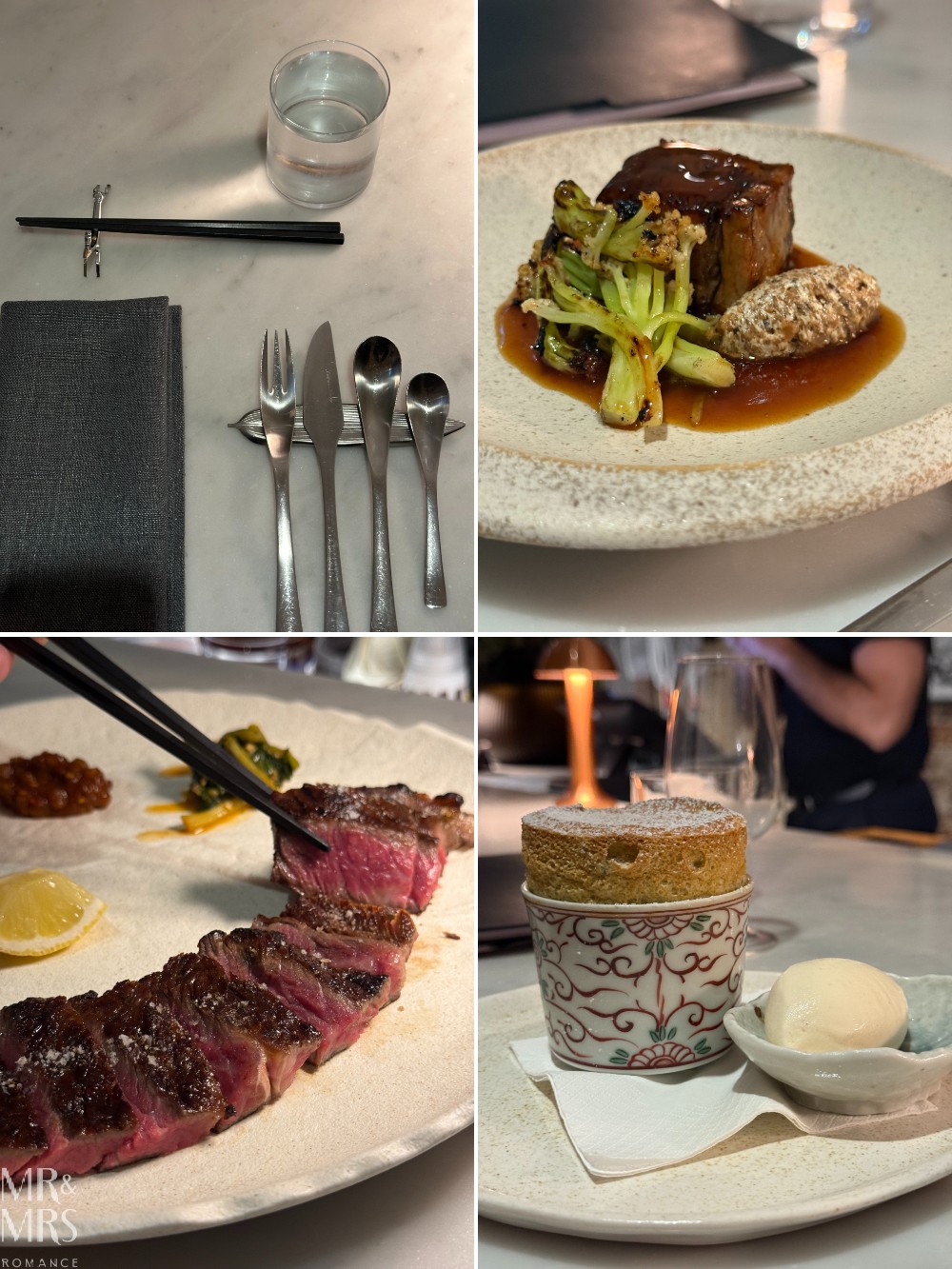 Flavour of the Month - April 2026 - Izy.Aki omakase collage: place setting; brisket; wagyu sirloin; souffle