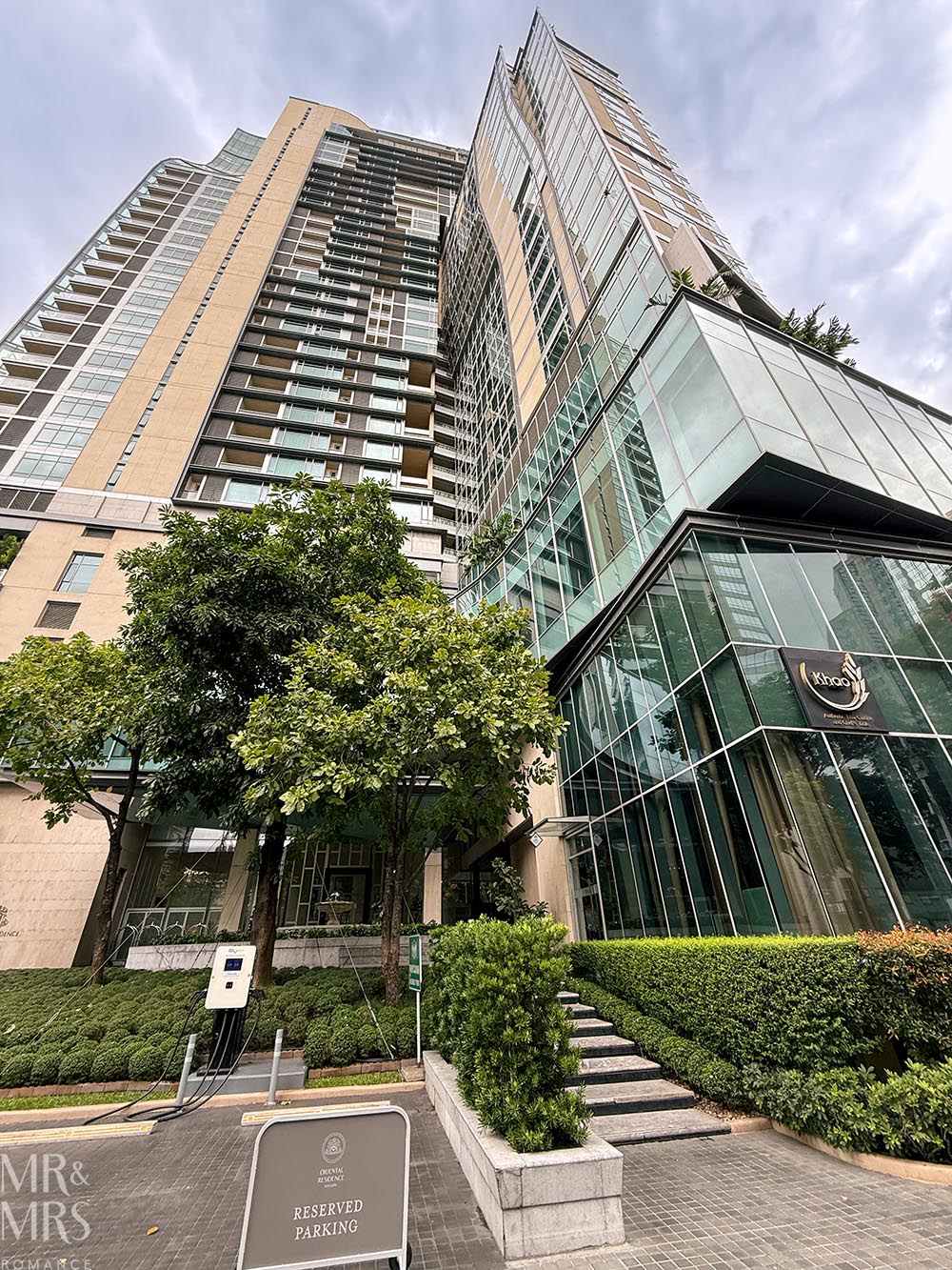 Oriental Residence Bangkok Hotel - looking up at the building from the ground